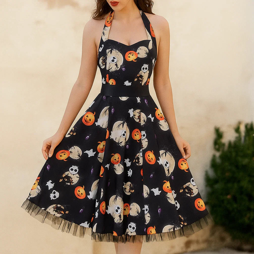 Dames Vintage Halloween Kostuum Jurk | Mouwloze Pompoen Mini