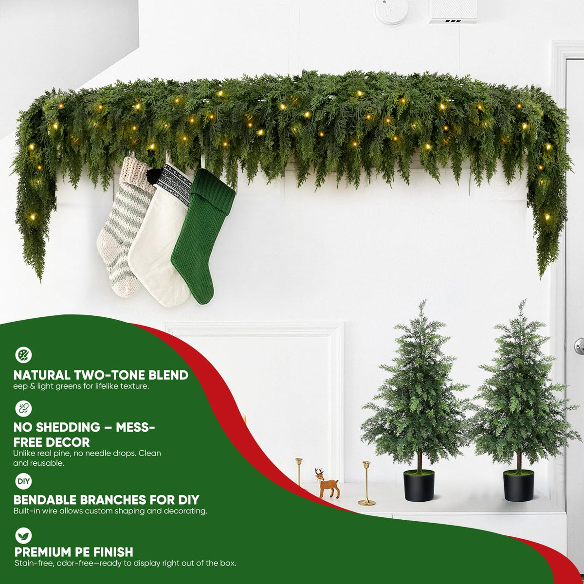 Kerstguirlande met Warmwitte LED-verlichting – Realistische Dennentakken