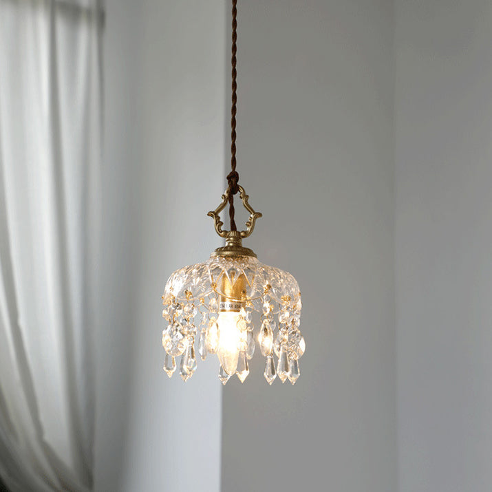 Vintage Koperen Kristal Bloem Pendelarmatuur | 1-Licht
