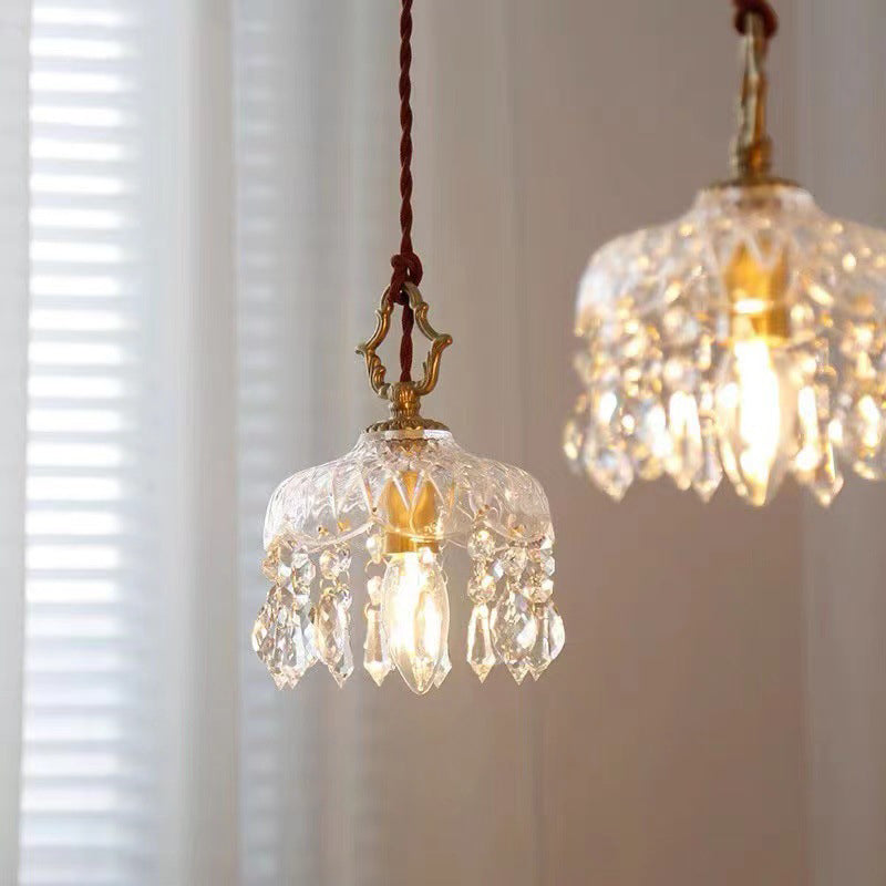 Vintage Koperen Kristal Bloem Pendelarmatuur | 1-Licht