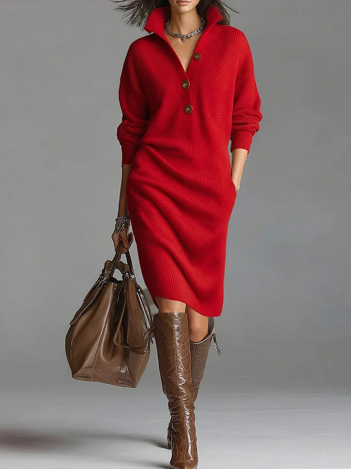 Helene | Dames Midi-jurk met knoopsluiting en ribstructuur