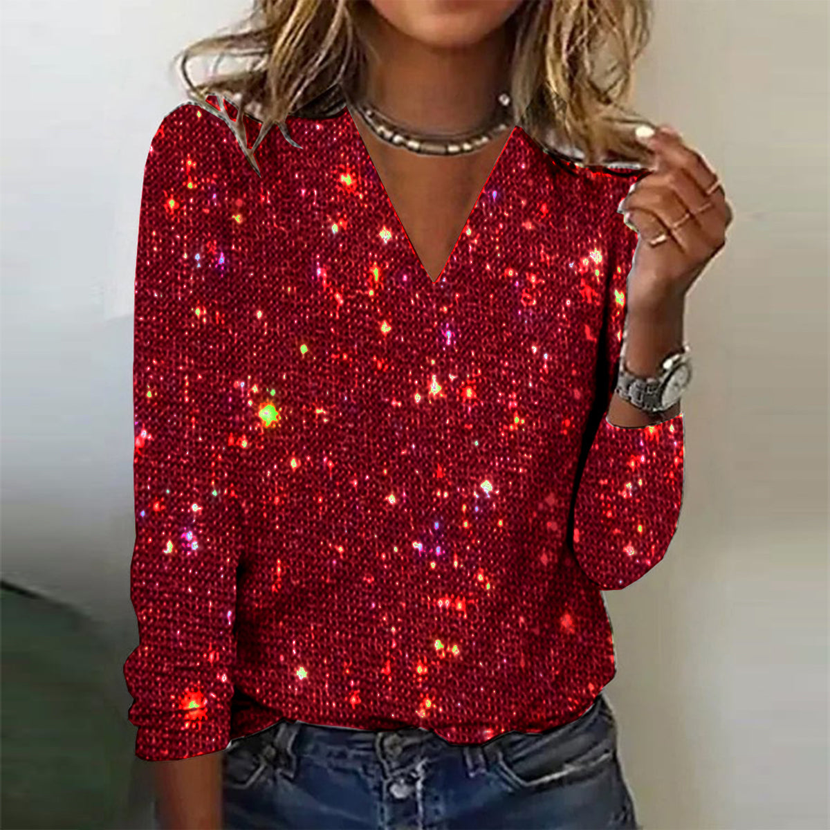 Blouse met Lange Mouwen met Glanzende Afwerking en V-hals voor Dames | Ideaal voor Feestelijke Gelegenheden