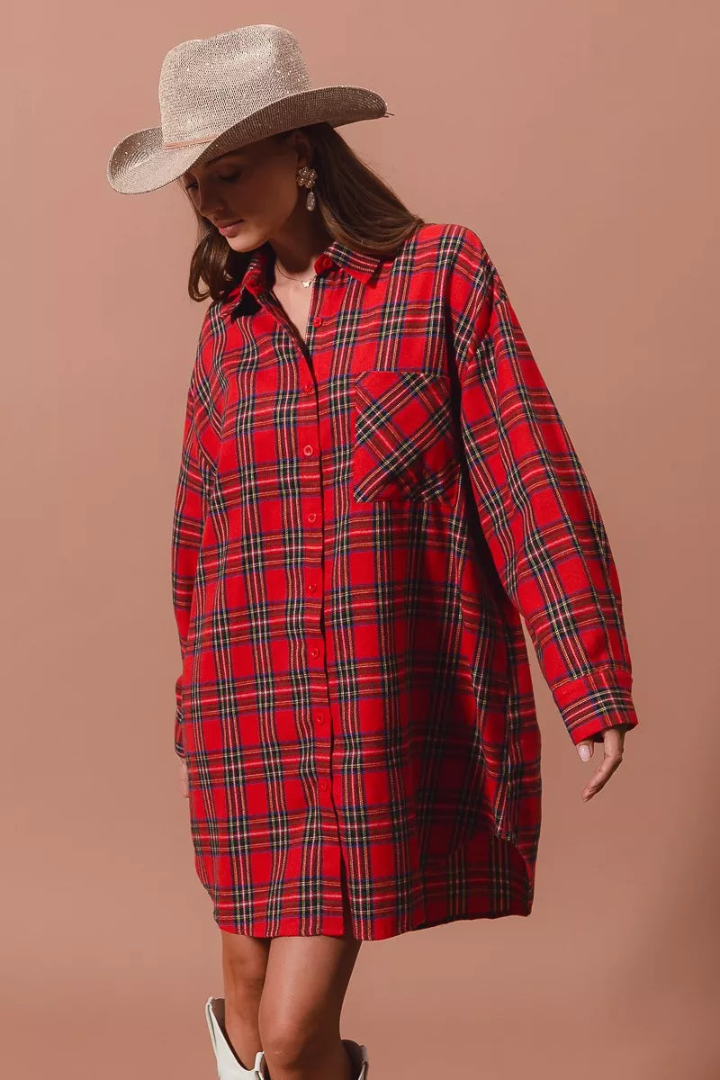 Rode Kerst Ruitpatroon Button-Up Oversized Hemdblusenkleed