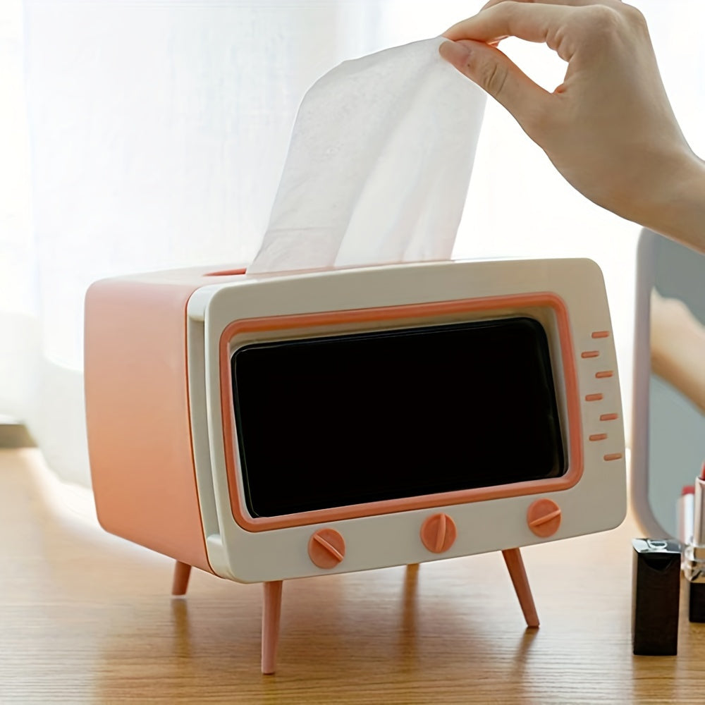 Retro TV Tissue Box Holder met Smartphone Dock – Multifunctionele Tissue Cover voor Thuis en Kantoor Decor