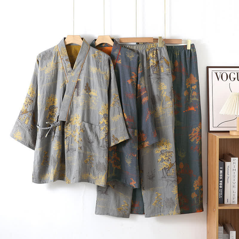 Neutrale Katoenen Kimono-Pyjamaset