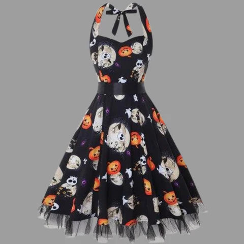Dames Vintage Halloween Kostuum Jurk | Mouwloze Pompoen Mini