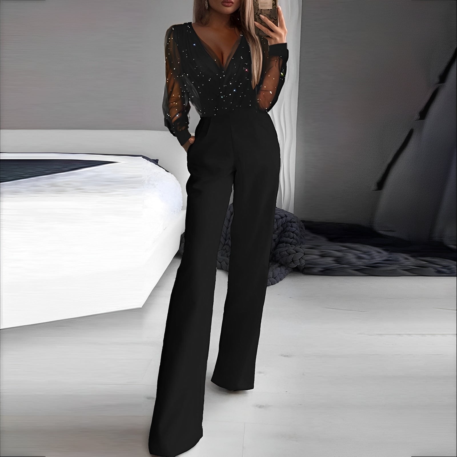 Combinatie met V-hals, Hoge Taille en Brede Benen voor Dames | Ideaal voor Dagelijks Gebruik en Evenementen