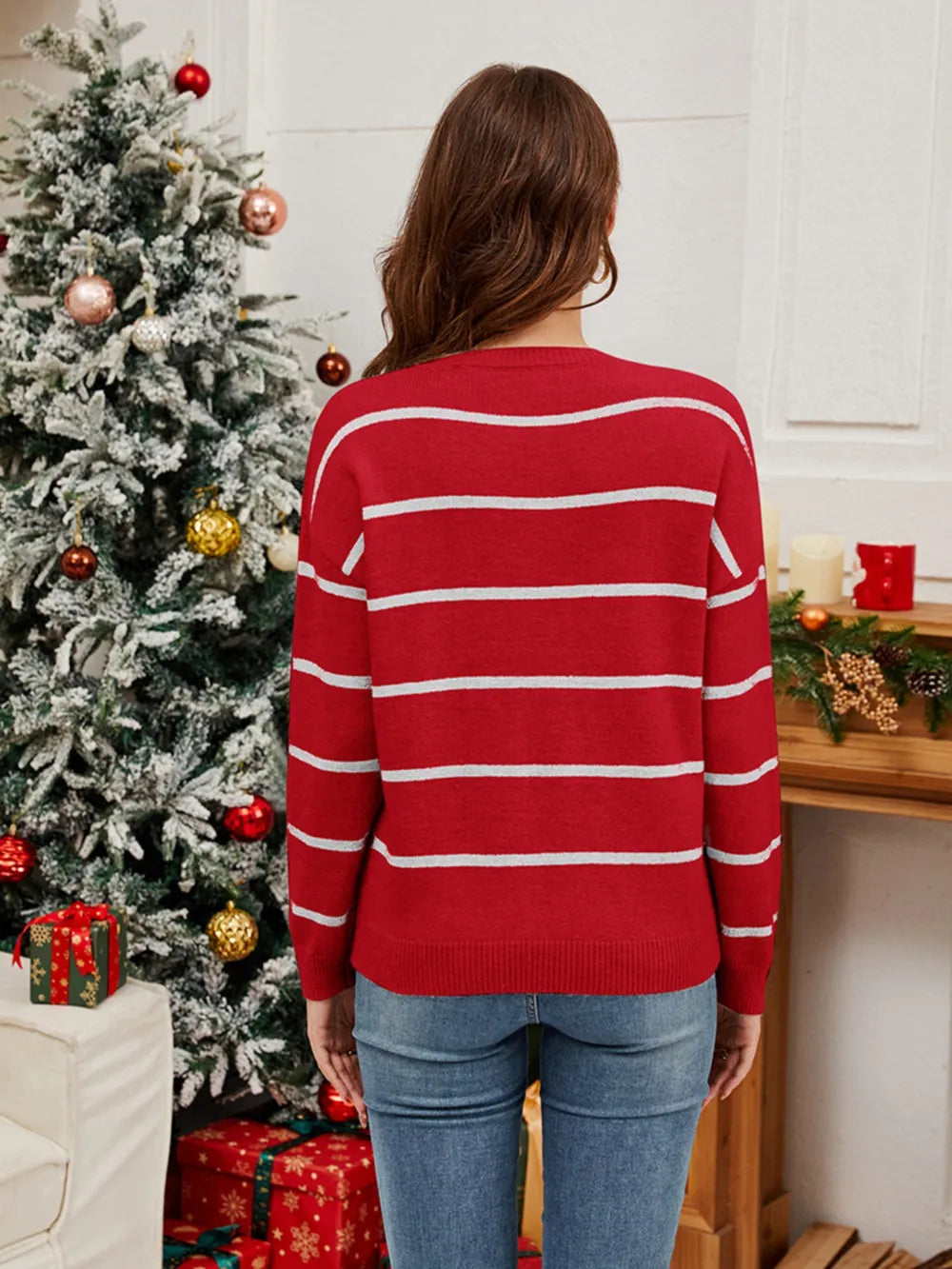 Pailletten-Kersttrui met gestreepte Santa – Groen, Rood & Zwart