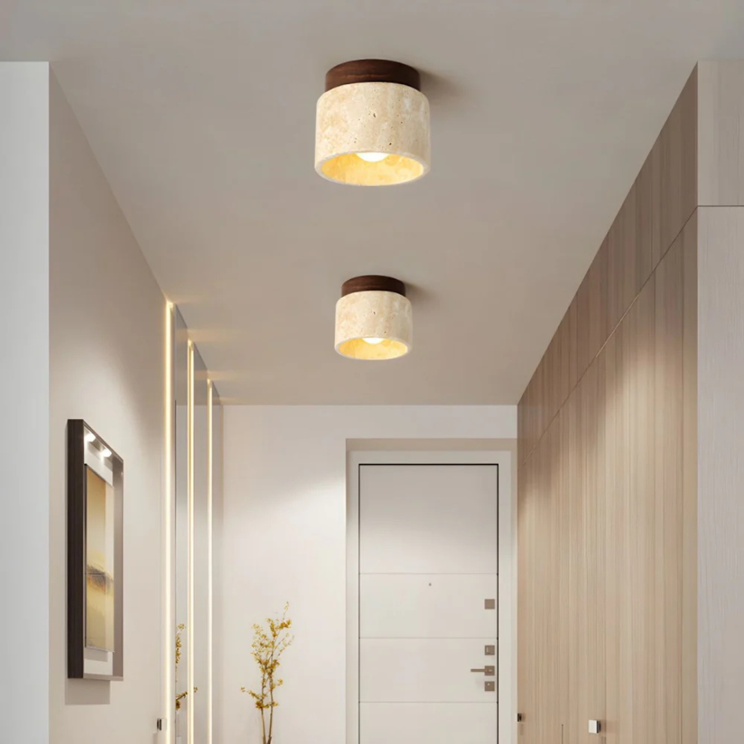 Radia - Cilindervormige Travertin Plafondlamp met Houten Accent