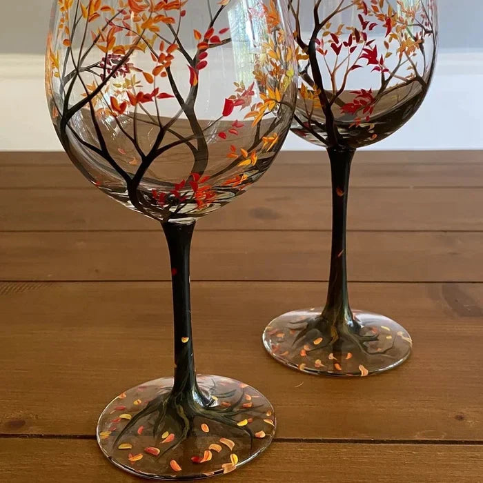 Four Seasons Tree Wijn Glazen - Handgeschilderde Kunst