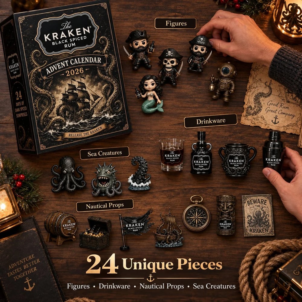 24-Daagse Kraken Rum Mini Fles Advent Kalender Set voor Feestelijke Bar Tafel Display, Verzamelobject voor Rum Liefhebbers, Kerst Countdown & Feestdecoratie