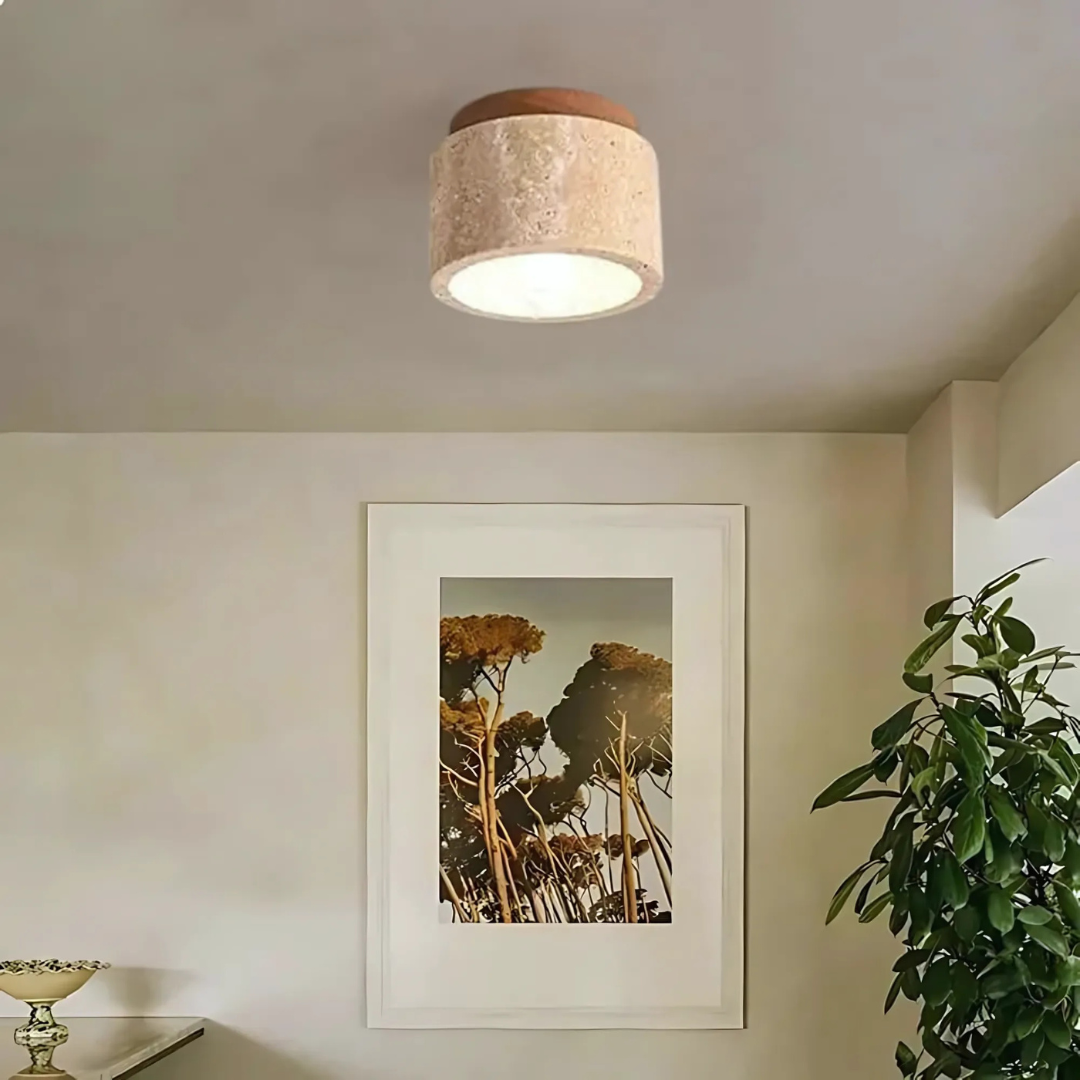 Radia - Cilindervormige Travertin Plafondlamp met Houten Accent