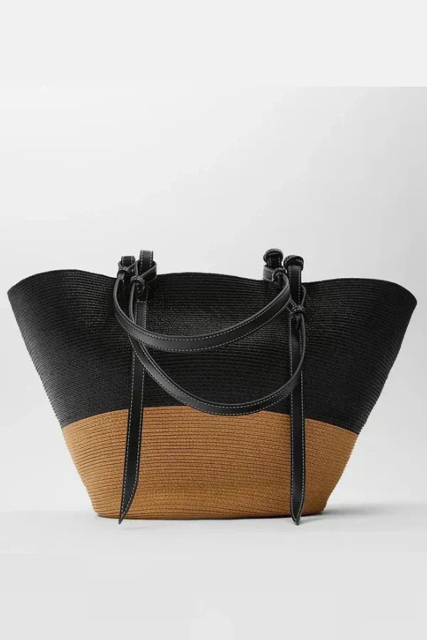 Dames Leren Tote Bag Bruin Groot Geweven met Leren Handvatten
