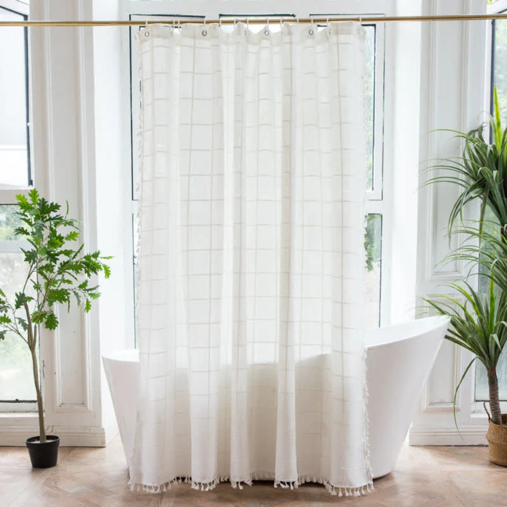 Katoenen Linnen Douchegordijn Ruitprint Franjes Waterdicht Machinewasbaar Badkamer Decor