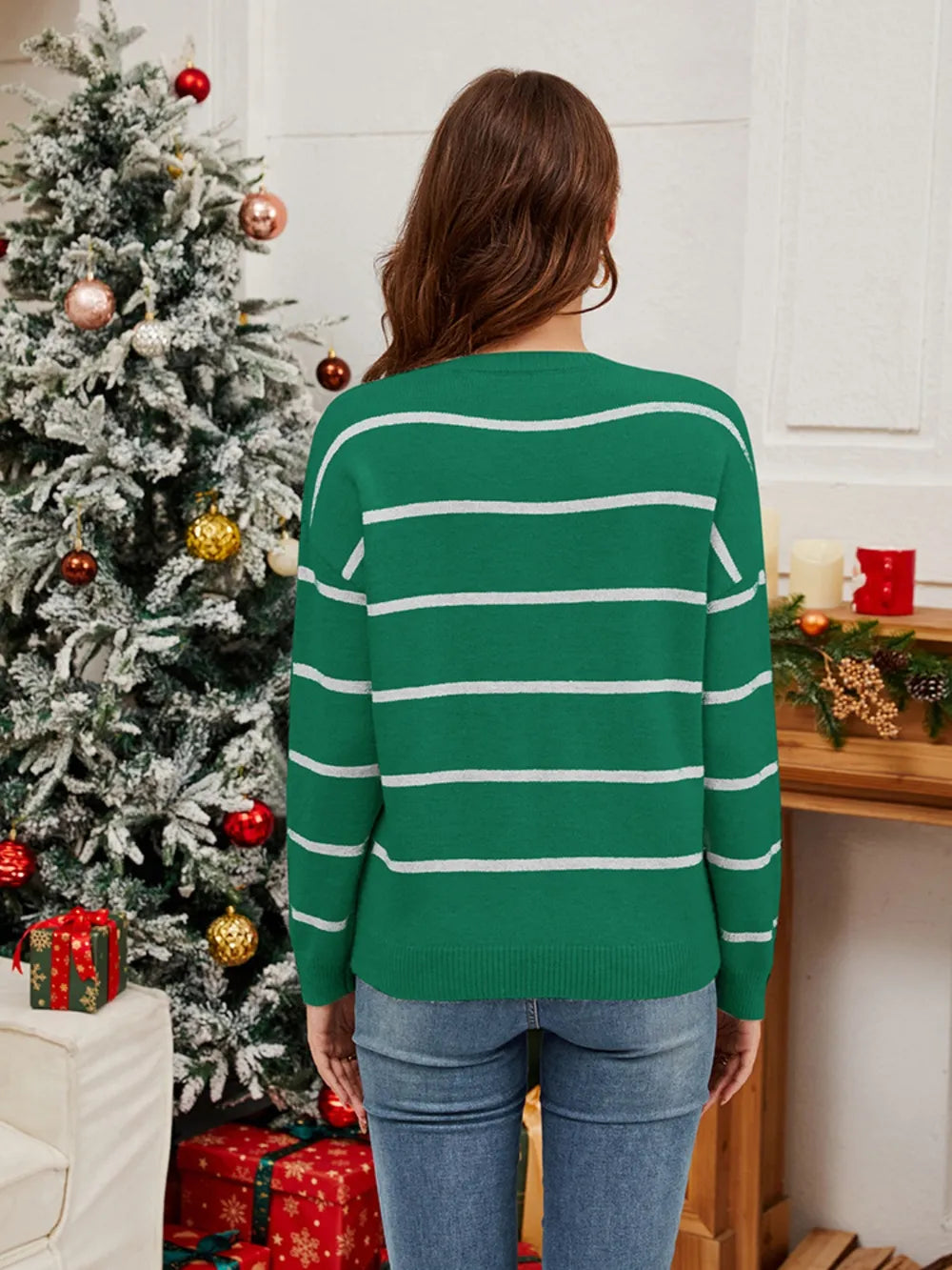 Pailletten-Kersttrui met gestreepte Santa – Groen, Rood & Zwart