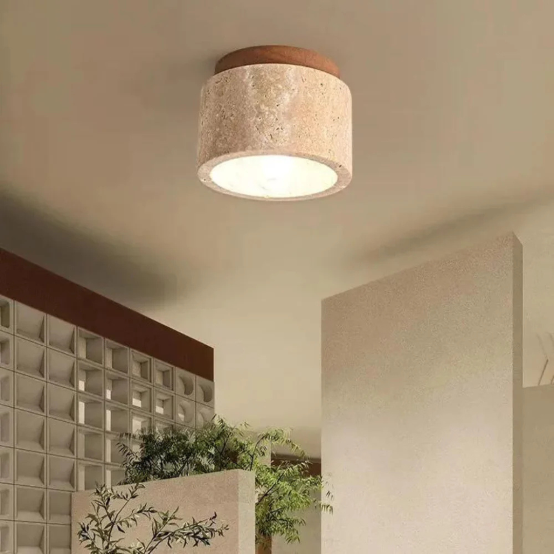 Radia - Cilindervormige Travertin Plafondlamp met Houten Accent