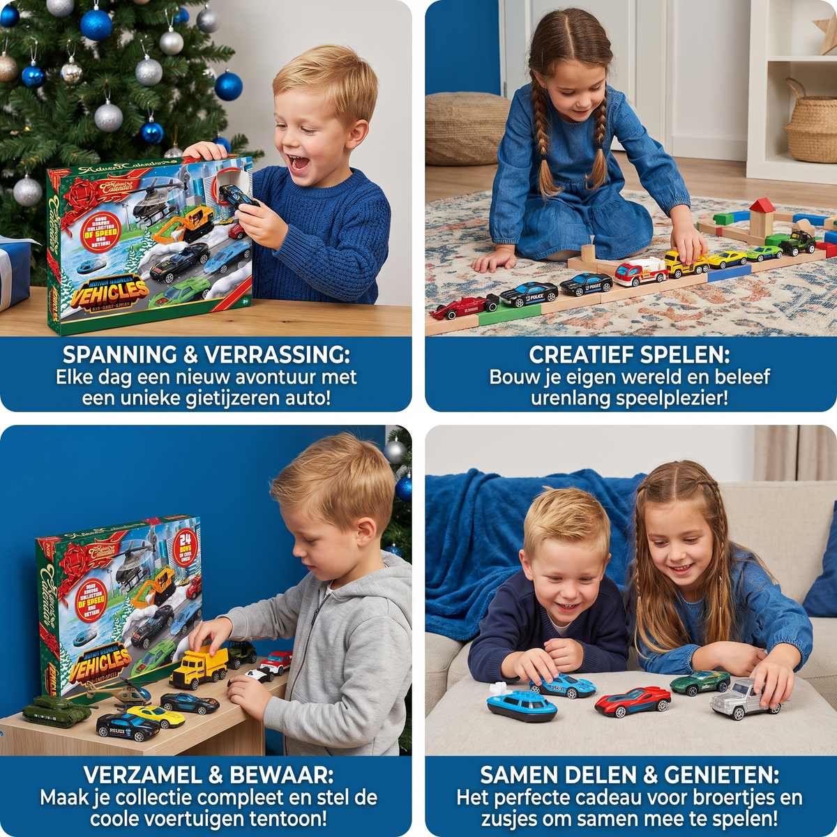 Kerst-adventskalender met gietijzeren auto's voor kinderen