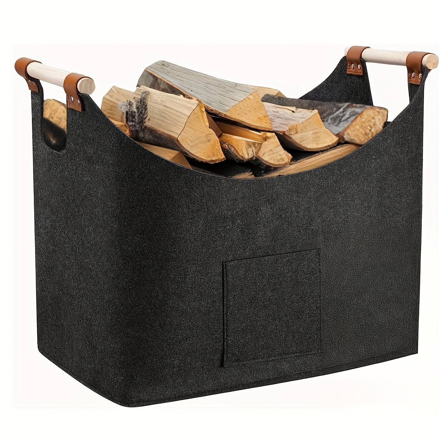 Feldura Opvouwbare Vilten Houtmand 55 liter met Houten Handvatten en Lederen Accenten, Donkergrijs