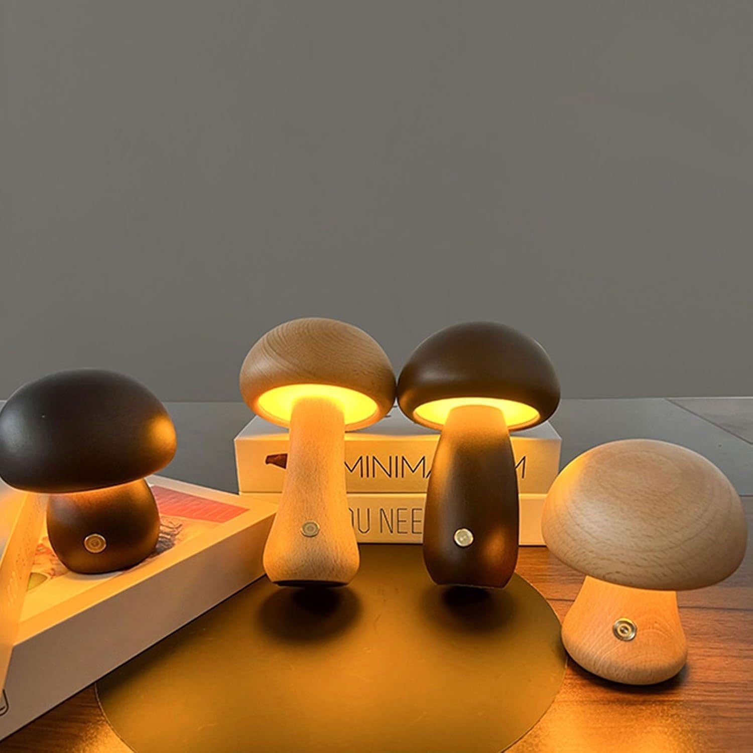 Dimbaar LED-paddenstoelnachtlampje van hout met USB-oplading