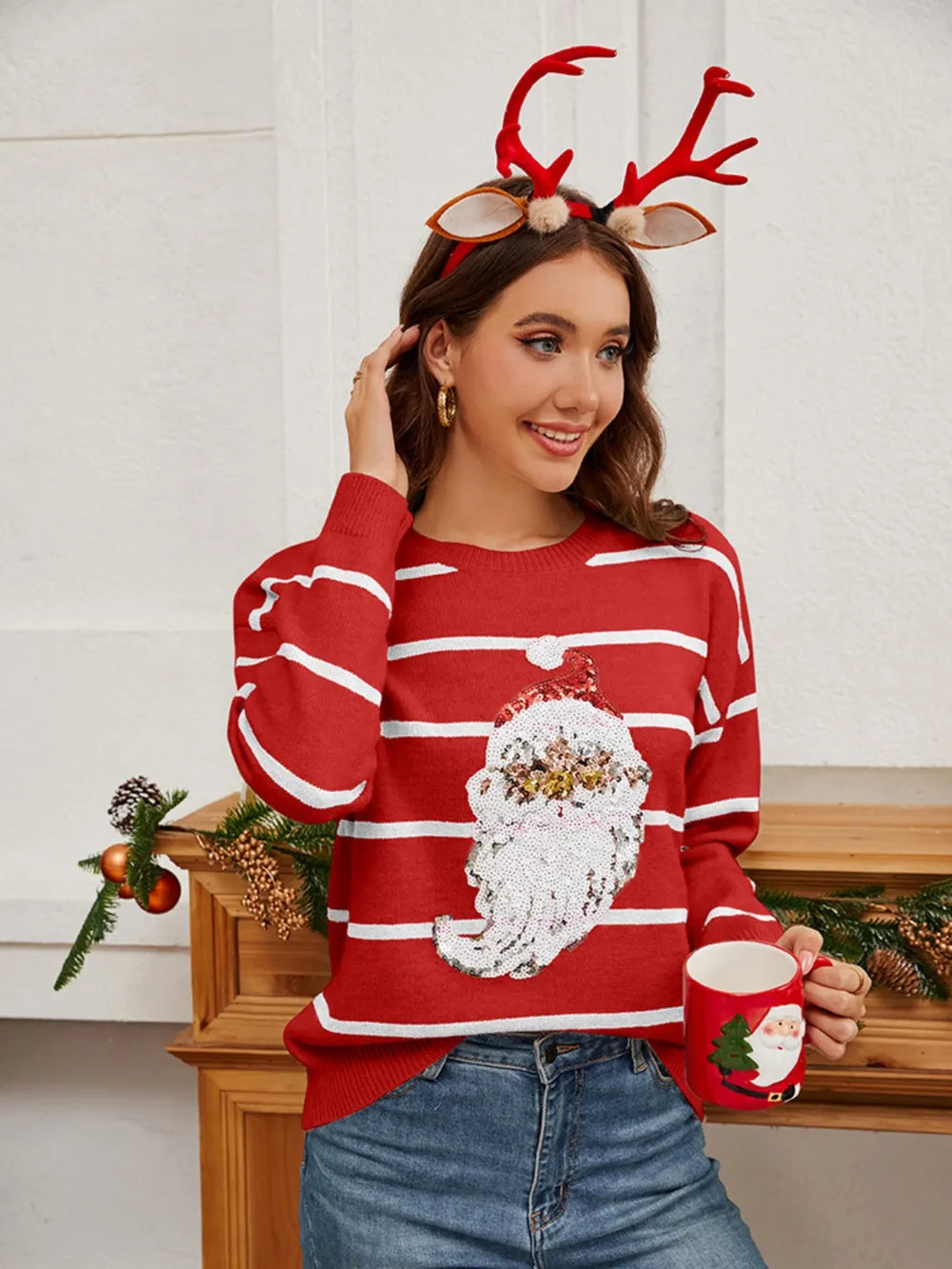 Pailletten-Kersttrui met gestreepte Santa – Groen, Rood & Zwart