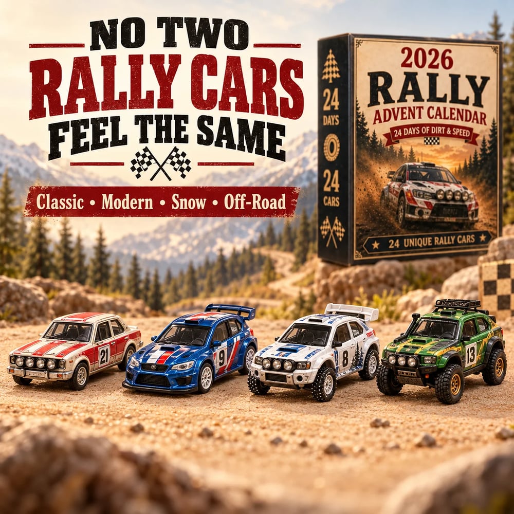 🏎️ Rallye-Kerst-Adventskalender 2026 – 24 dagen vol snelheid en spanning, 24 rally-raceauto's om te verzamelen (2D-modellen)