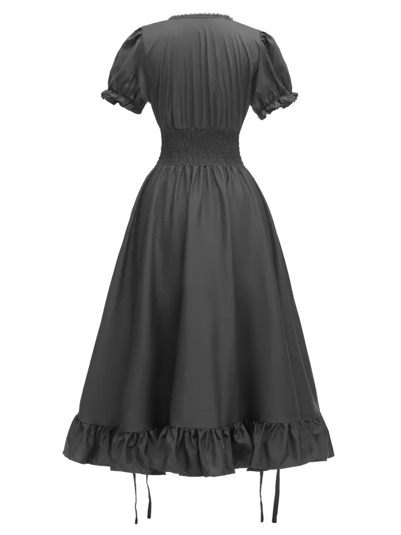 Dames Vintage Puff Sleeve Halloween Kostuum Jurk | Rimpel Maxi