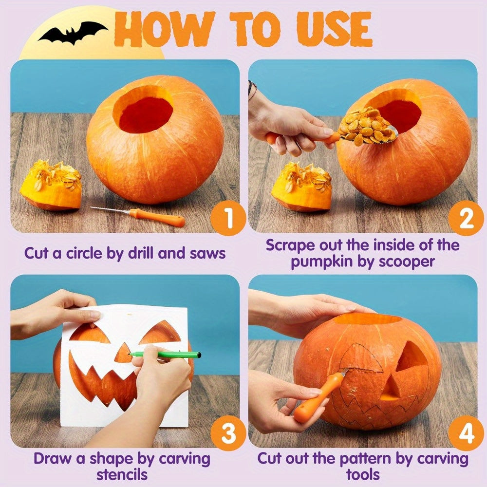 Halloween Pompoen Snijset met Sjablonen | Gemakkelijk Te Snijden Pompoenen Herbruikbare Gereedschappen