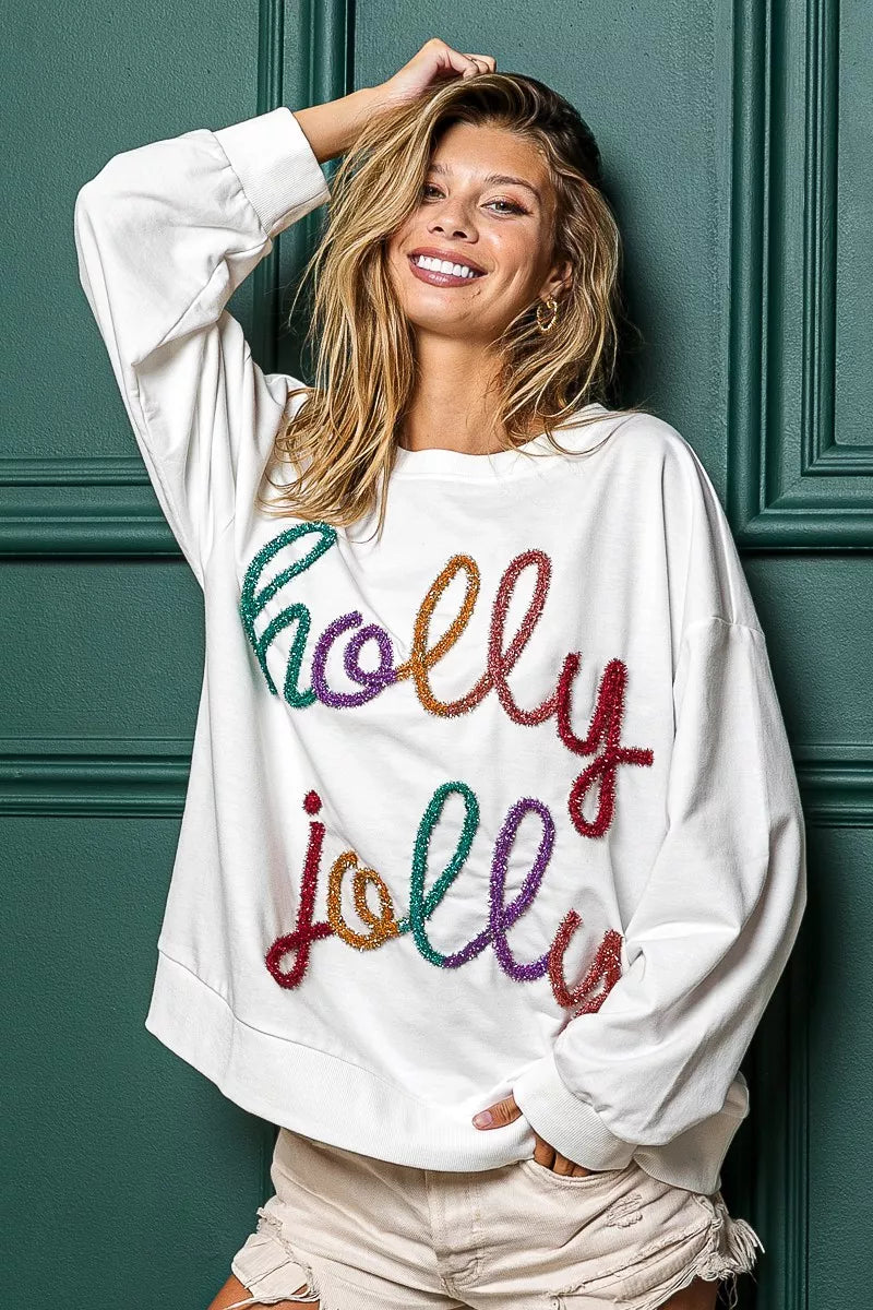 Witte “Holly Jolly” Pailletten-Beschrifting Kerst Sweatshirt