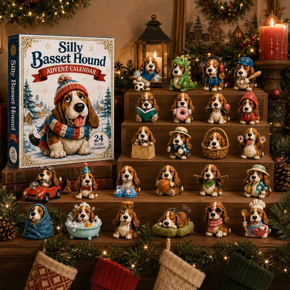 🔥🎁Dwaze Basset Hound Adventskalender 2026 - 24-Daagse Feestelijke Countdown