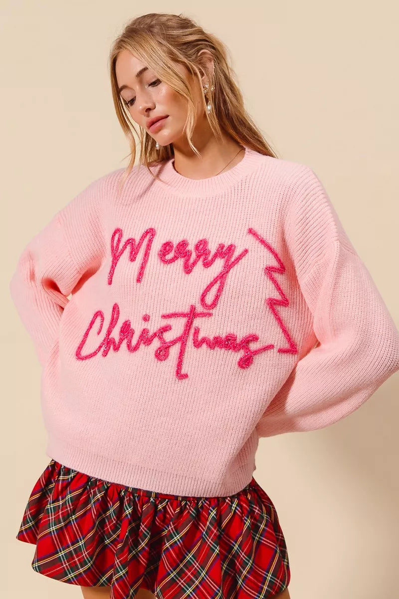 Roze “Frohe Weihnachten” Glitterschrift Pullover