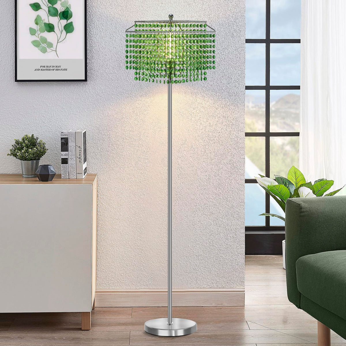Kristallen Vloerlamp 164 cm – Zilveren Staande Lamp met Groene Dubbele Lampenkap