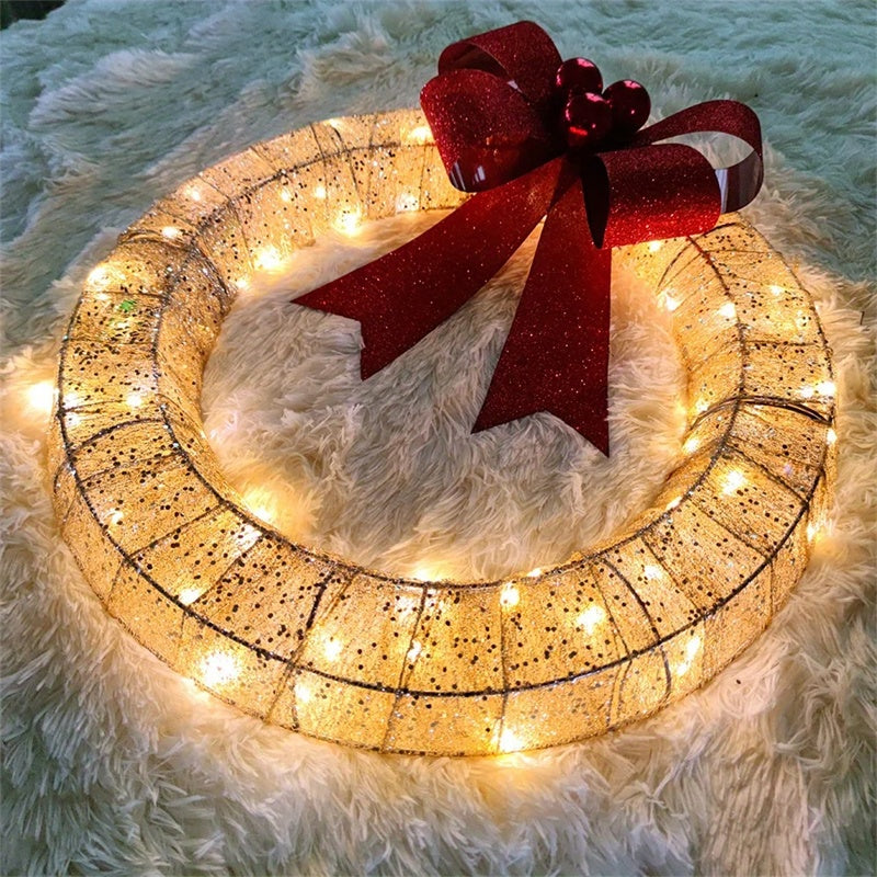 Verlichte Kerstkrans Luxe Goud-Groen 50cm – Handgemaakte Deurkrans met LED