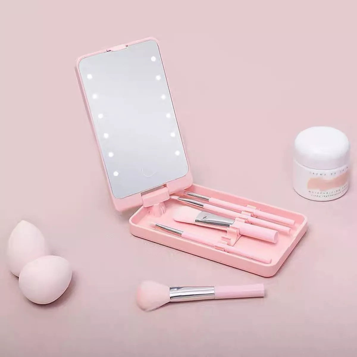 BloomBeauty Set | Gepersonaliseerde Geboortebloem Make-up Kwasten met LED Spiegel – Het Perfecte Cadeau voor Haar