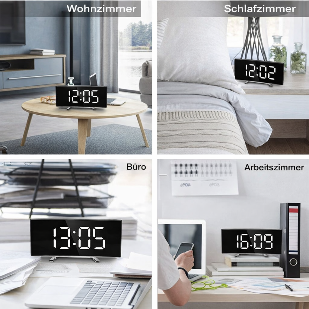Digitale klok | LED Spiegelwekker | Automatische dimming verblindingsvrij | CurveClock