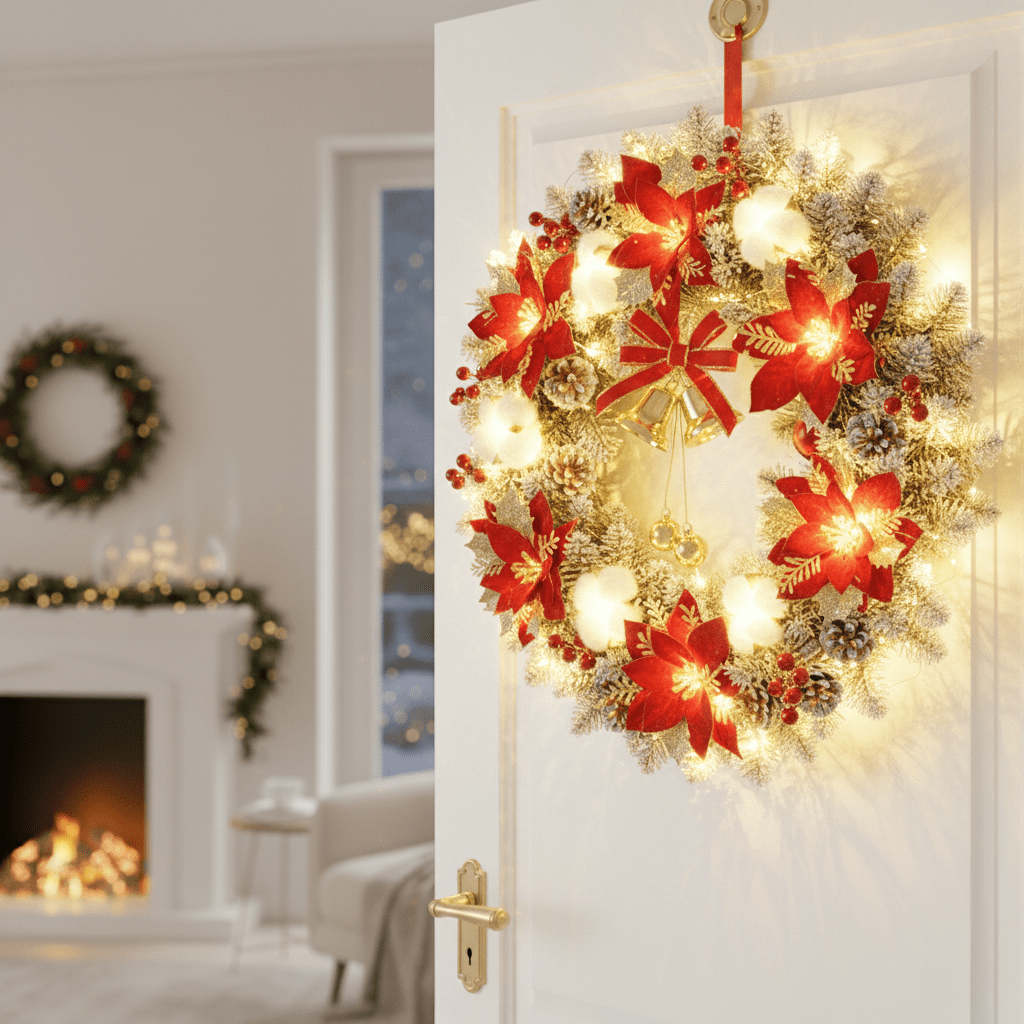 LED Kerstkrans met Gouden Klokken – Warmwitte Verlichting voor de Deur