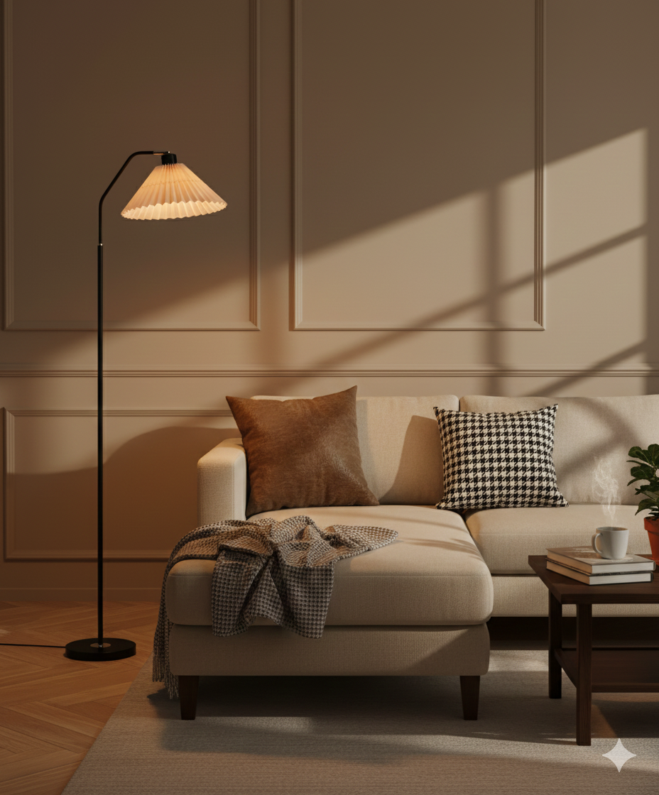 Minimalistische LED Vloerlamp met Geplooide Stoffen Lampenkap