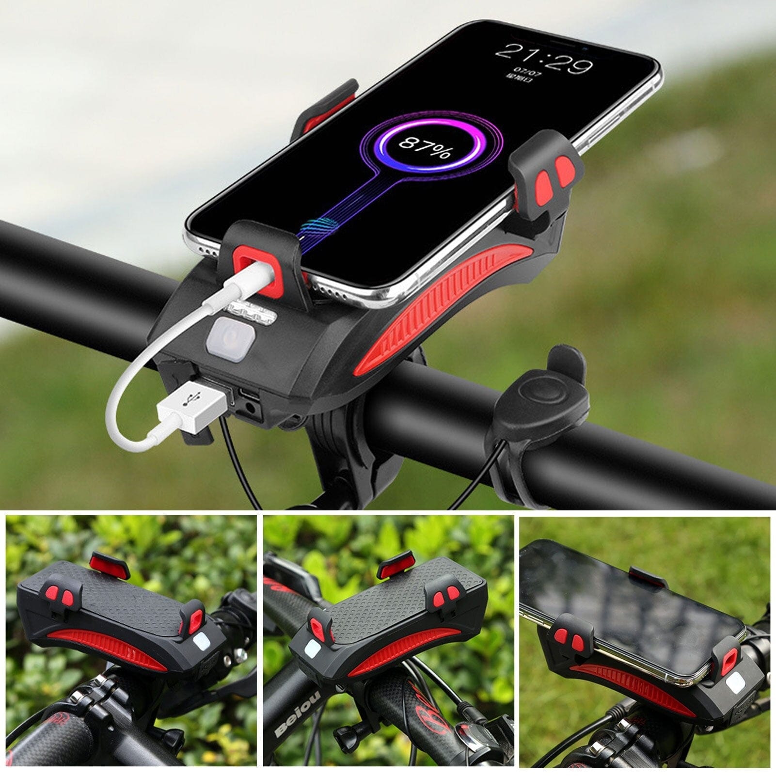 4-in-1 Oplaadbare Fietslampen met Powerbank, Telefoonhouder en Elektronische Hoorn – LED Veiligheidslamp voor Fietsen