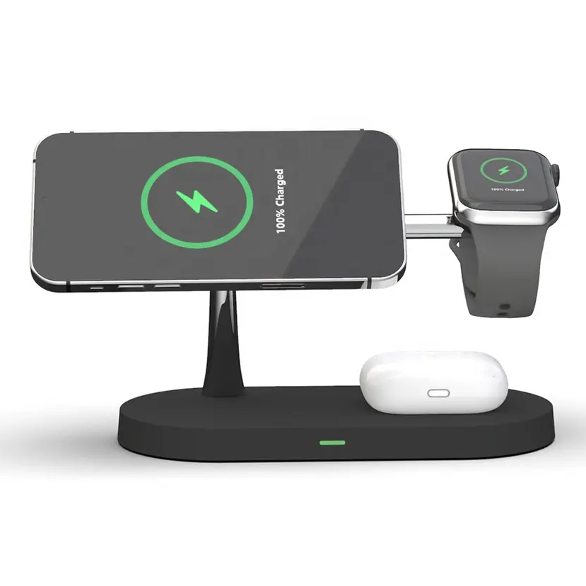 3-in-1 Draadloze Oplader voor Smartphone, Smartwatch en Oordopjes – Snelle Oplaadstation met Modern Ontwerp