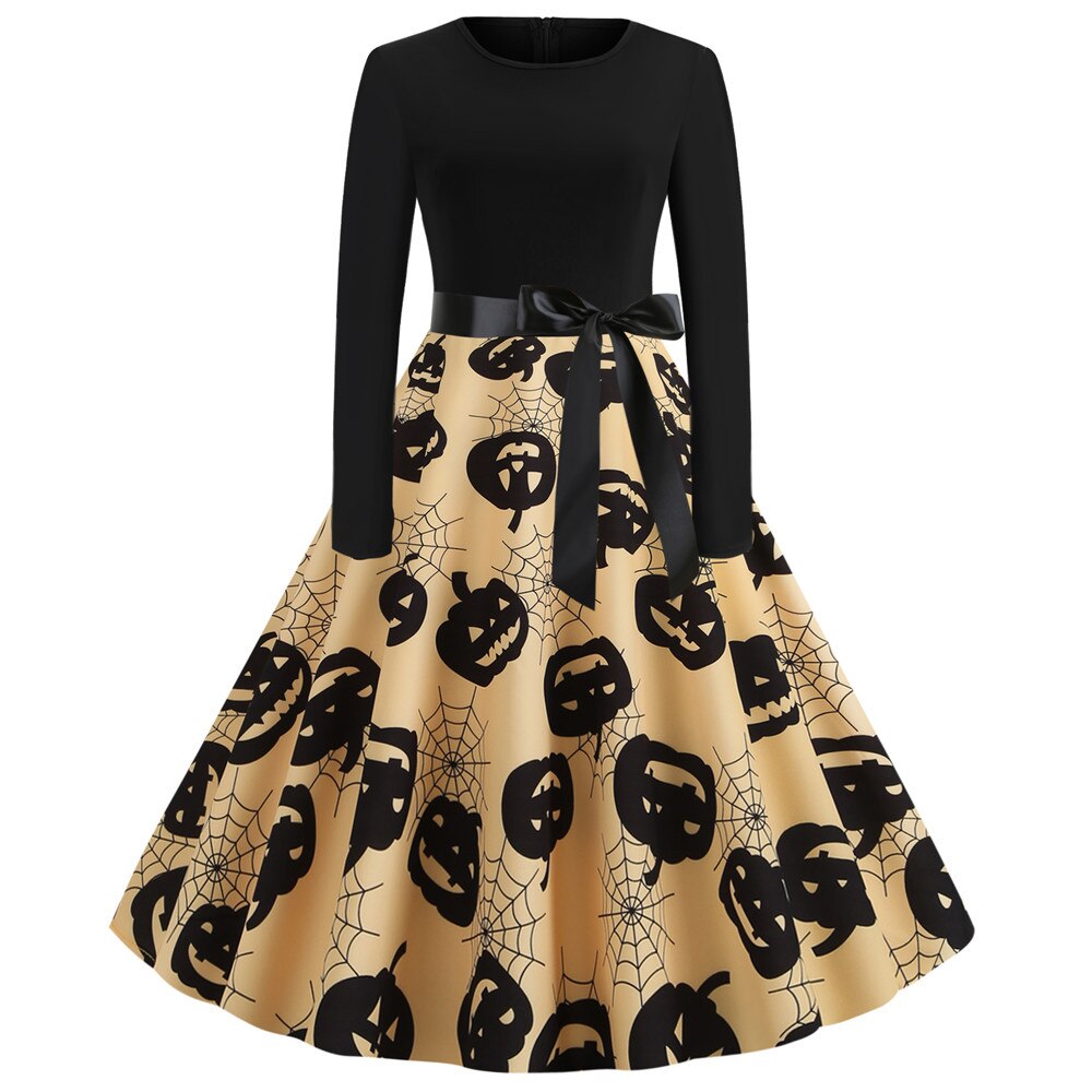 Gothic Cartoon Lange Mouwen Halloween Feestjurk | Midi