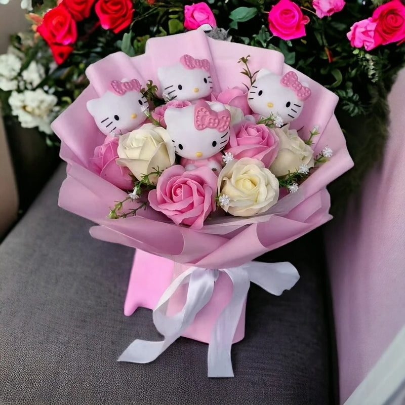 Kleurrijke Synthetische Bloemenboeket Met Hello Kitty Figuren Voor Cadeaus En Decoratie