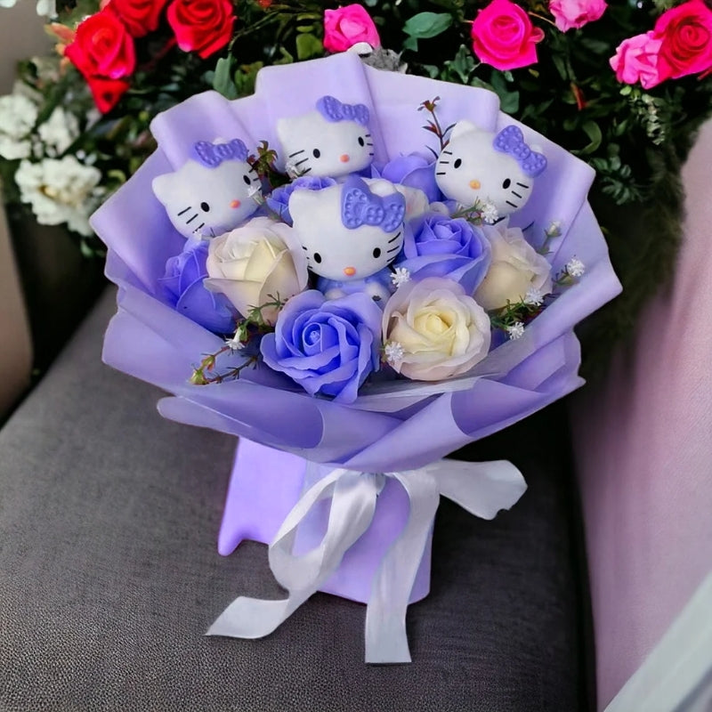 Kleurrijke Synthetische Bloemenboeket Met Hello Kitty Figuren Voor Cadeaus En Decoratie