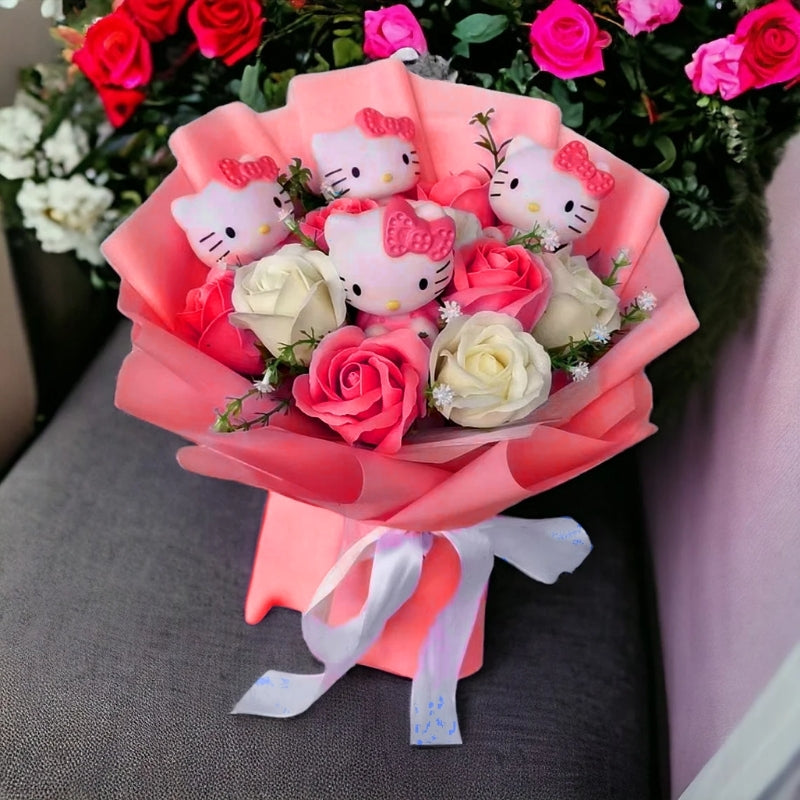 Kleurrijke Synthetische Bloemenboeket Met Hello Kitty Figuren Voor Cadeaus En Decoratie
