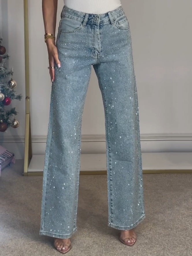 GlamFit-Jeans met hoge taille | Adembenemende, met diamanten bezette straight jeans voor een chique look