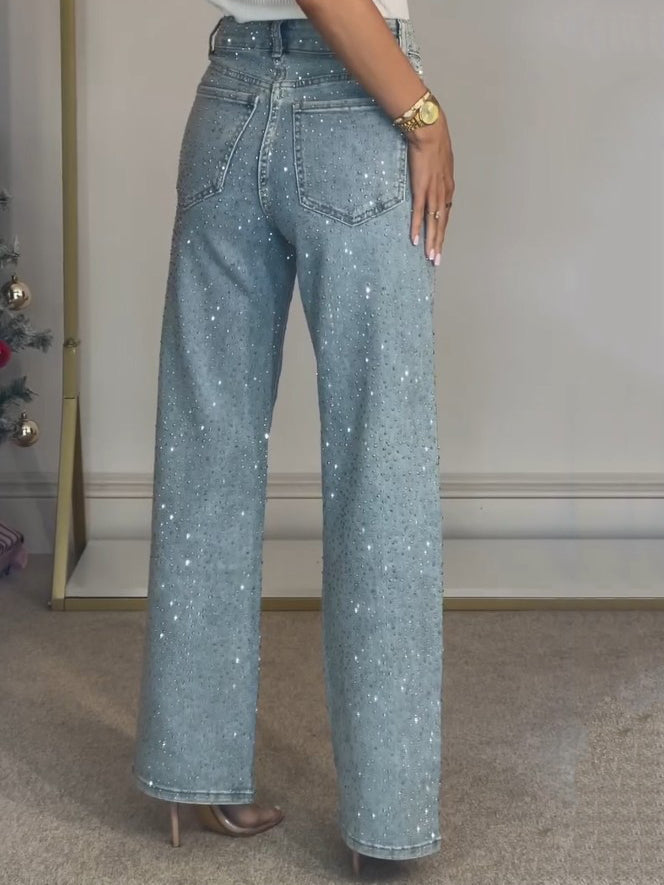 GlamFit-Jeans met hoge taille | Adembenemende, met diamanten bezette straight jeans voor een chique look