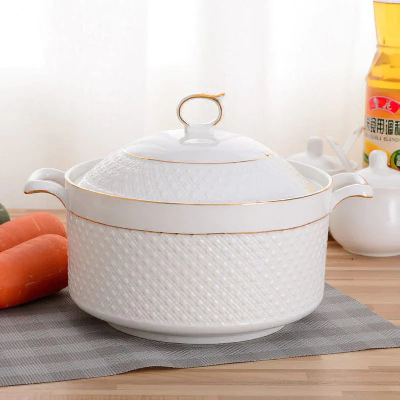 Keramische Casserolepan met Deksel – Witte Kookpot met Handgrepen