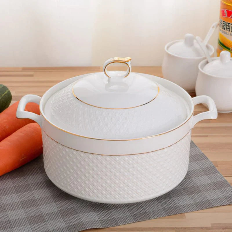 Keramische Casserolepan met Deksel – Witte Kookpot met Handgrepen