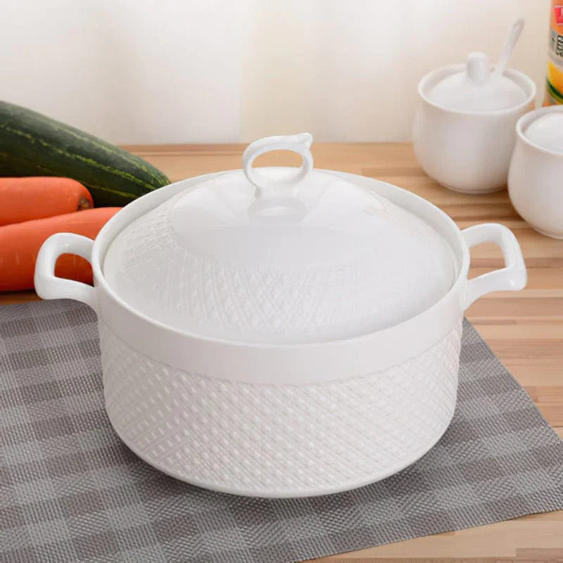 Keramische Casserolepan met Deksel – Witte Kookpot met Handgrepen