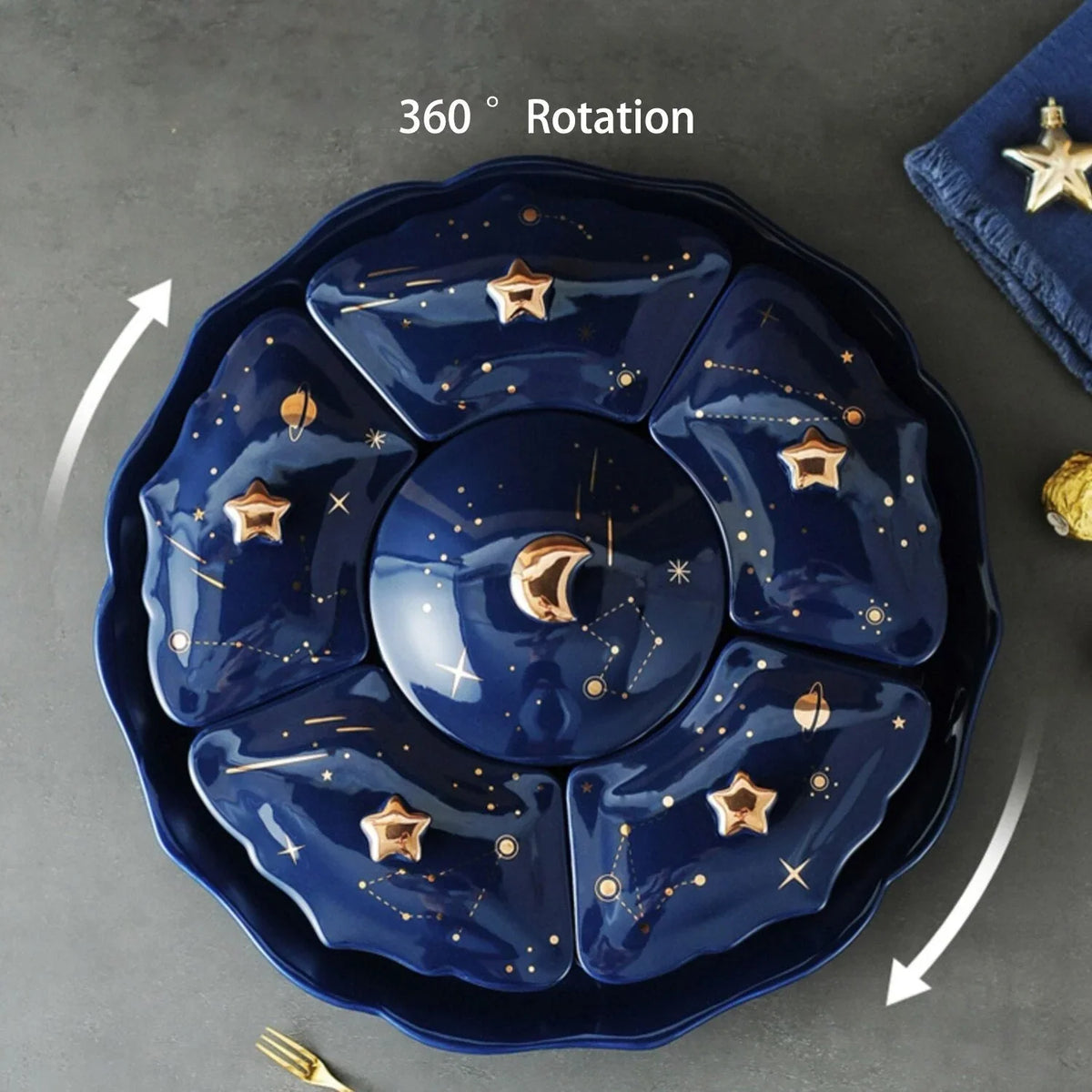Roterend Keramisch Snackbord met 5 Vakken – Sterrenhemel Design voor Hapjes en Snacks