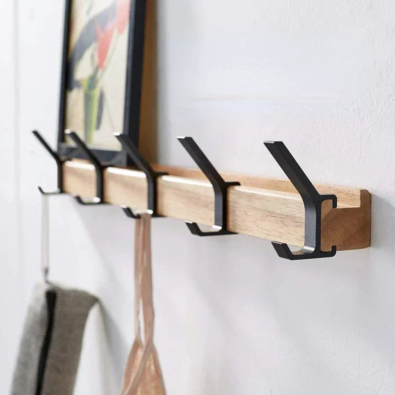 Nordivo Wandkapstok met Verplaatsbare Dubbele Haken | Scandinavisch Ontwerp | Hout & Aluminium | Ruimtebesparend & Modern