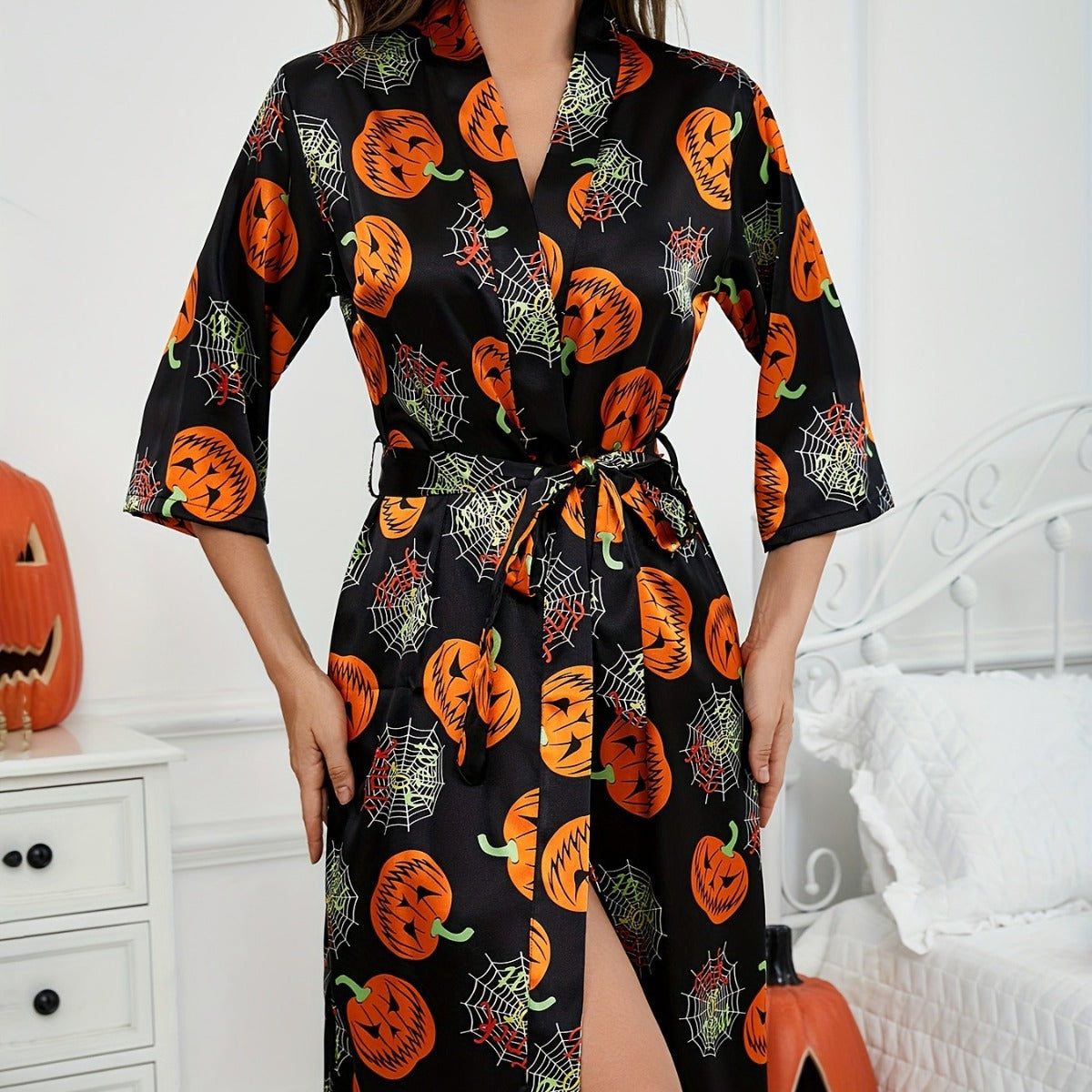 Dames Satijnen Halloween Kostuum Robe | Pompoenprint Met Ceintuur